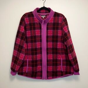 T by Talbots Pink Plaid Sherpa Fleece Zip Up Jacket